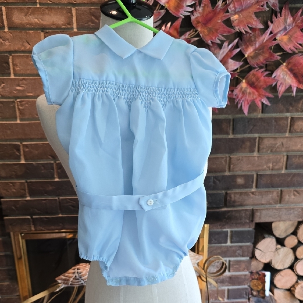 Vintage Light Blue Baby Romper with Smocking Details​​
